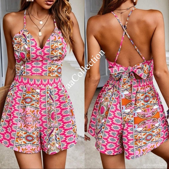 Boho Bohemian Gypsy Floral Paisley Print Criss Cross Back Crop Top Shorts Set - Picture 2 of 8